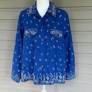 Quacker Factory Jacket Medium Blue Handkerchief Print Button Sequins